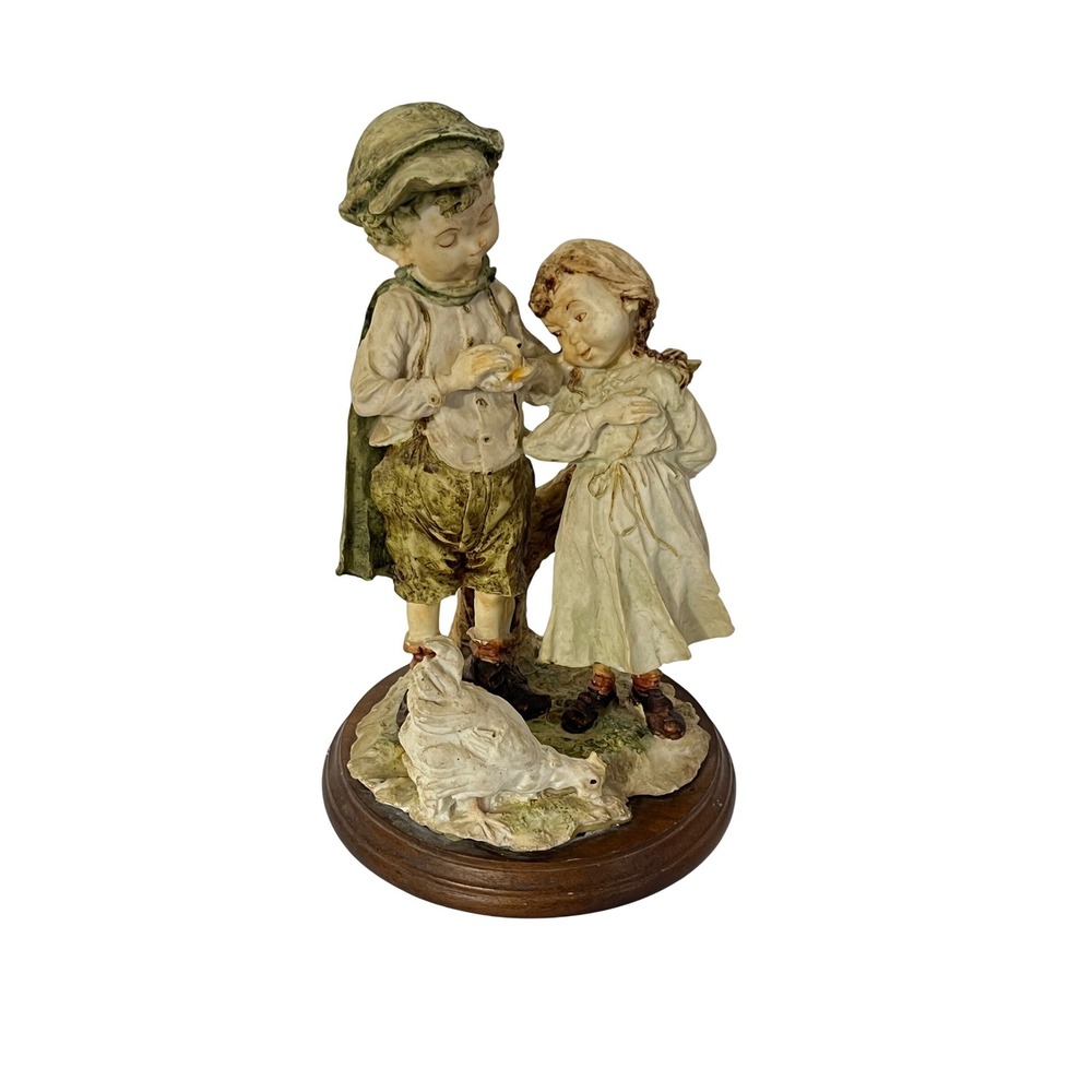 Vintage Boy and Girl with Chicken Figurine 10 Inch Multicolor Resin Sculpture